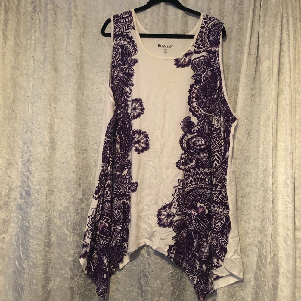 Roamans Handkerchief Hem White and Purple Sleeveless Tunic Tank, Plus Size 3X